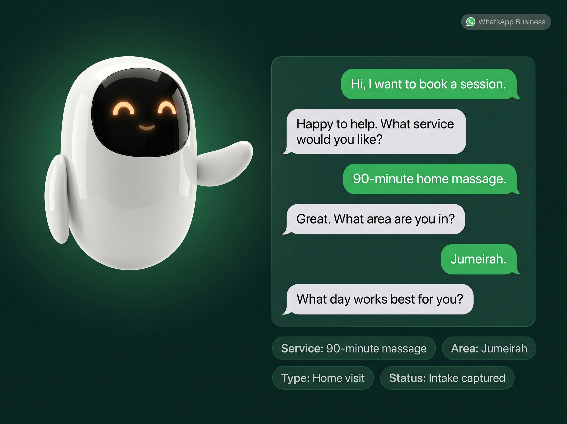 Sybil collecting customer intake details inside a WhatsApp conversation.