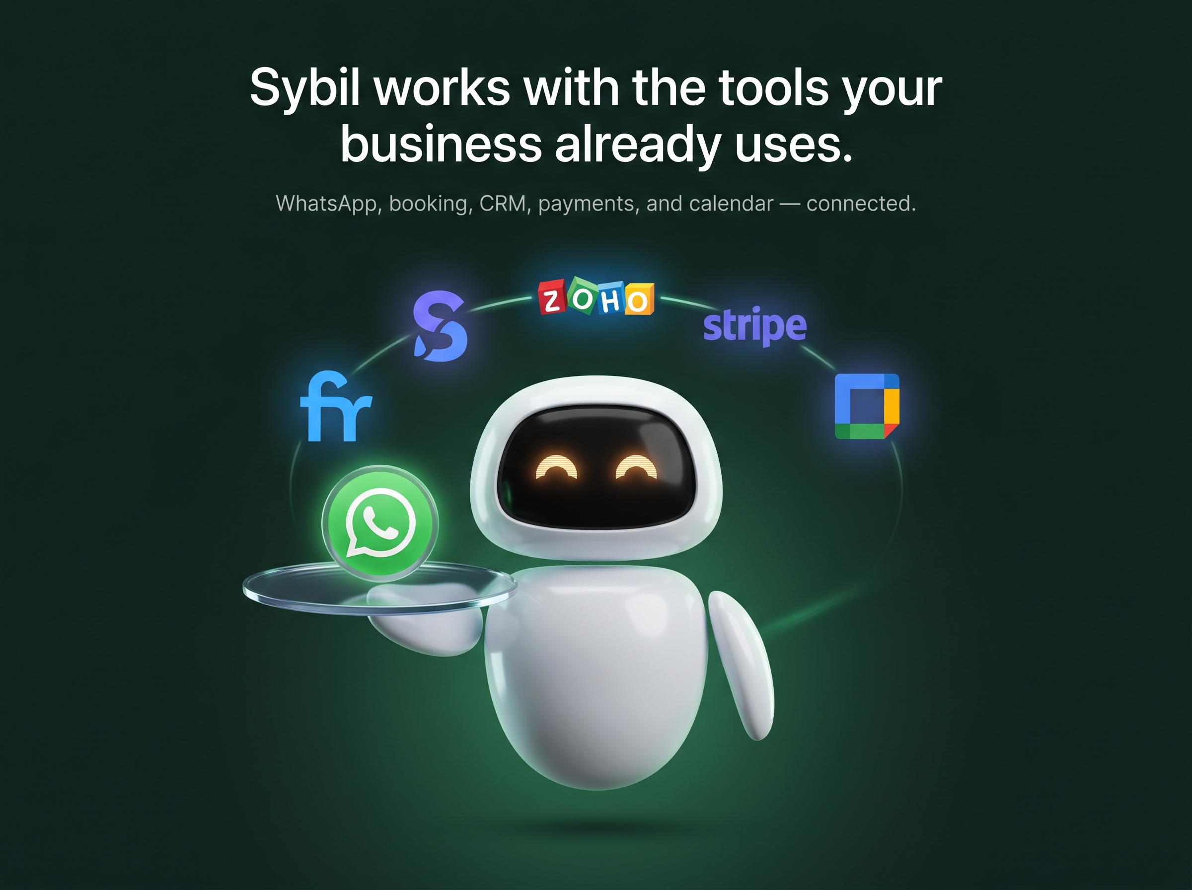 Sybil presenting WhatsApp while connected to booking, CRM, payment, calendar, and service business tools.