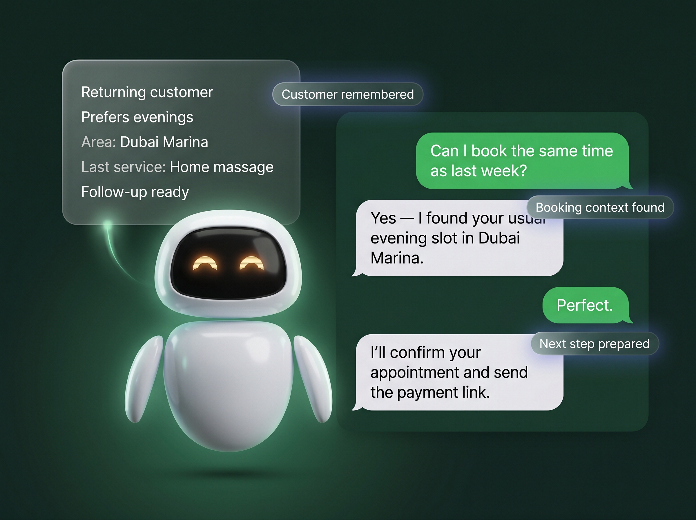 Sybil remembering customer context and helping a returning WhatsApp customer.